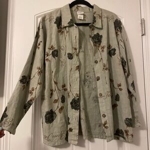 Marc Ware Vintage Linen Button Up Rose Print “Bonne Fête” French Shirt